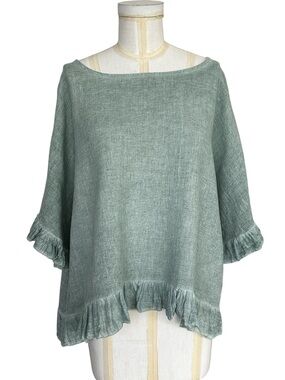 Gabriella Women's Relaxed Fit Italian Linen Blend Top Ruffled Trim‎ One Size